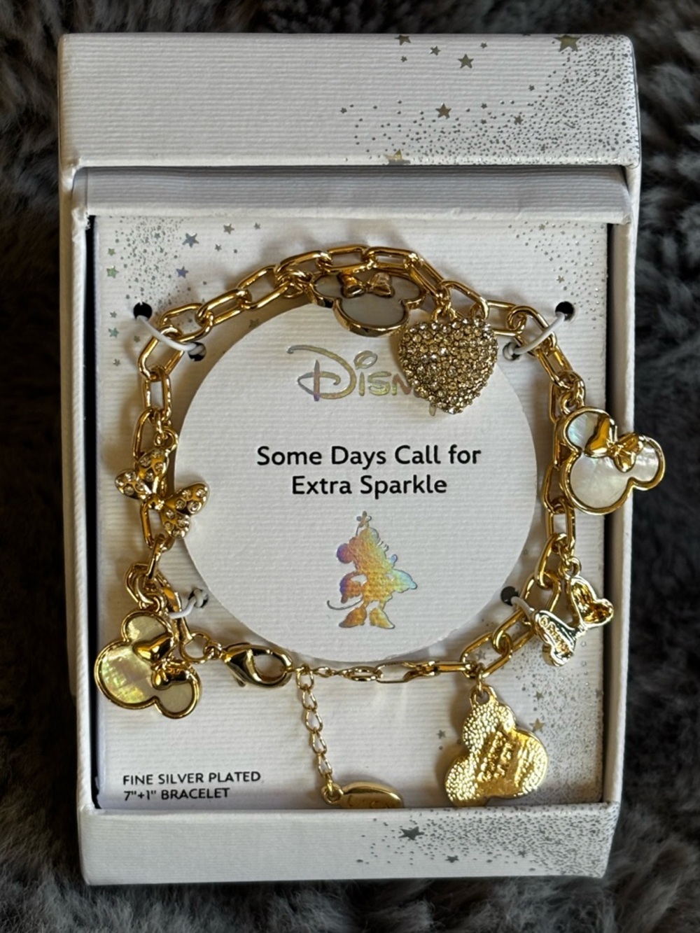 Disney Girls Gold-Plated Sparkly Pearlescent Minnie Charm Bracelet - NEW